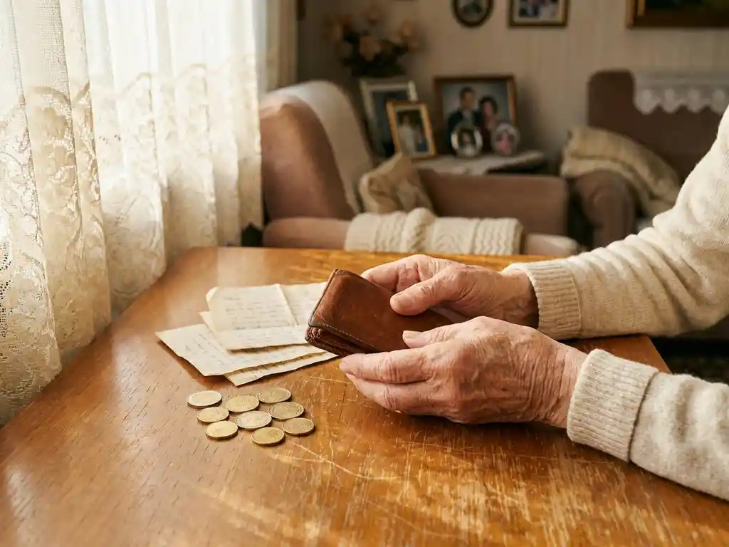Oudere handen houden een klein leren portemonnee vast op houten tafel, met euromunten en gevouwen papieren in zacht middaglicht.