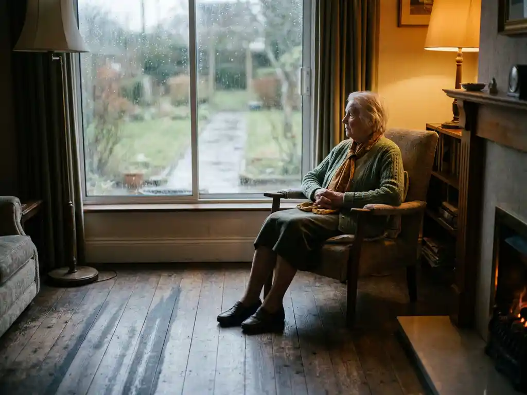 Oudere vrouw zit alleen bij een regenachtig raam, handen gevouwen in schoot, starend naar een verlaten tuinpad in zacht middaglicht.