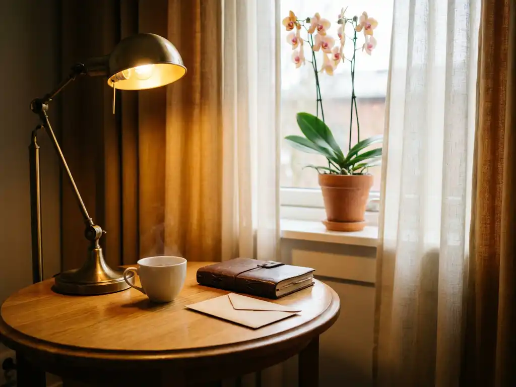 Eikenhouten bijzettafel in een verzorgingskamer met theekopje, notitieboekje, leeslamp en maandelijkse factuurenvelop naast een orchidee.