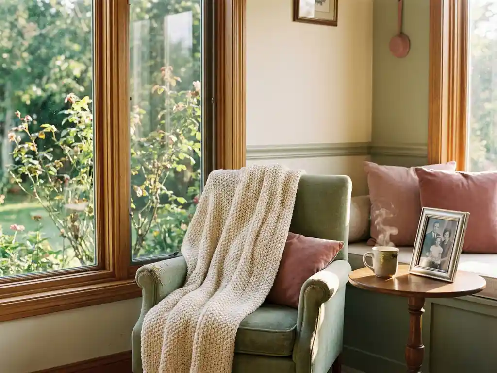 Gezellige fauteuil met gebreide deken bij raam met tuinuitzicht, familefoto en kop thee op bijzettafel, warm gouden middaglicht.