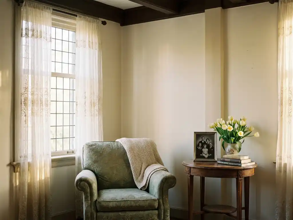 Kussenstoel naast zonnig raam met kanten gordijnen in historisch Nederlands herenhuis, met familiefoto en verse bloemen op bijzettafel.