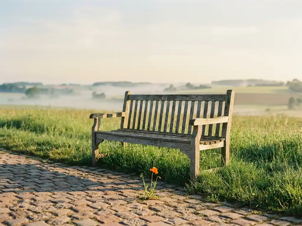 Verweerde houten bank op de grens van een kasseienstraat en een groene weide, met ochtendmist en gouden zonlicht.