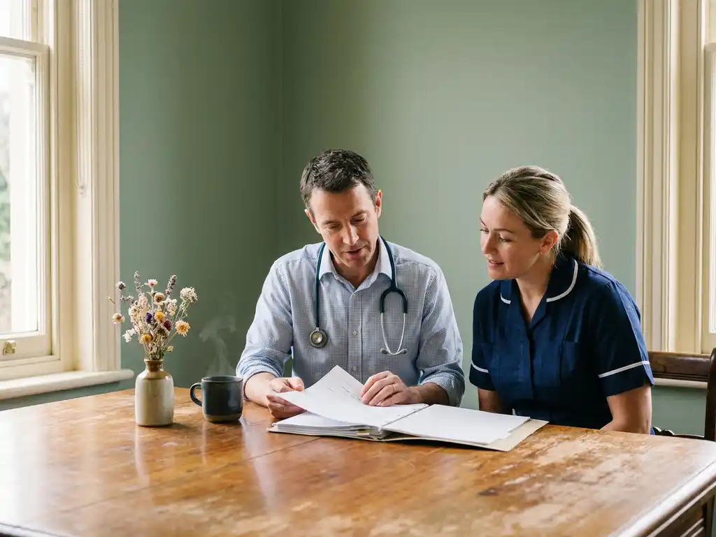 Huisarts en verpleegkundige bekijken samen een patiëntdossier aan een houten tafel in een warme, lichte ruimte.