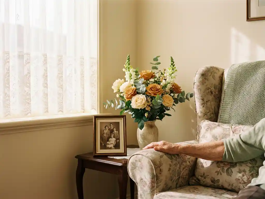 Gezellige privékamer in kleinschalig verzorgingshuis met verse bloemen, houten bijzettafel en ingelijste familiefoto in warm middaglicht.