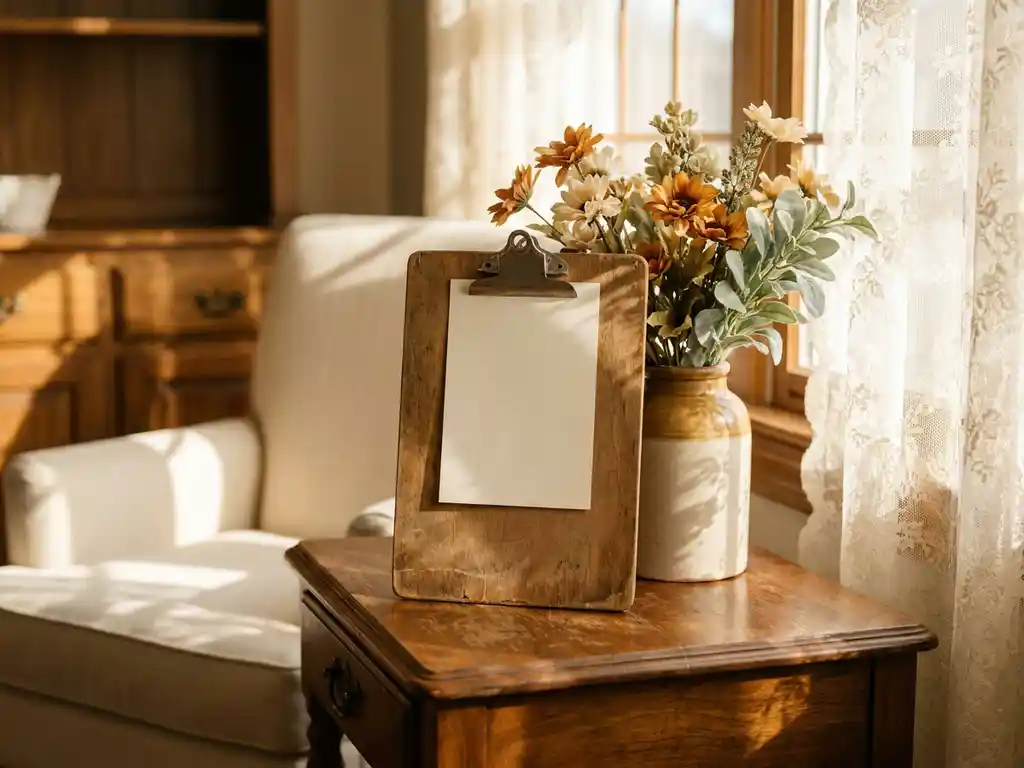 Houten klembord met beoordelingskaart op sidetafel naast bloemen in gezellige kamer van een woonzorgcentrum.