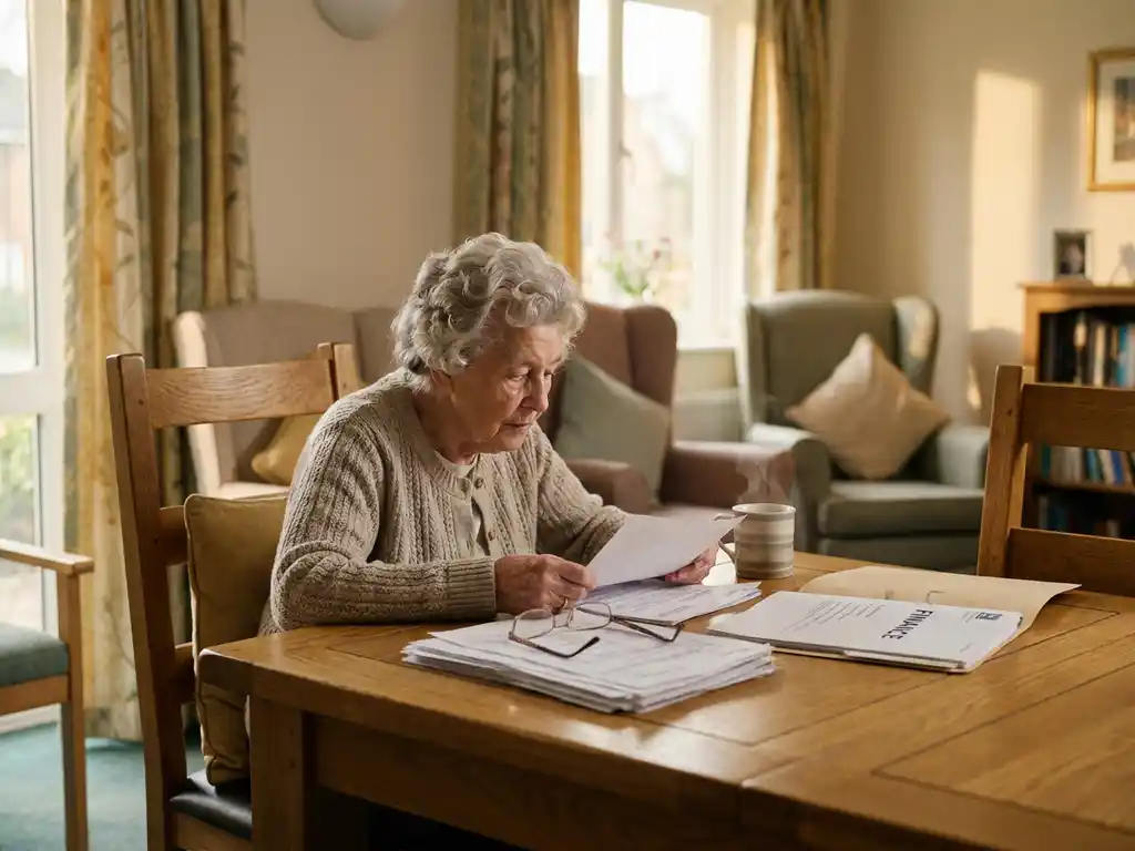 Oudere vrouw met zilvergrijs haar bekijkt financiële documenten aan een eiken tafel in een verzorgingshuis, met een dampende kop thee.