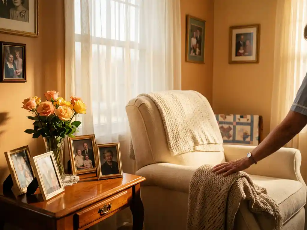 Gezellige ouderenzorgkamer met pluche fauteuil bij zonnig raam, verse bloemen, familiefotos en warme crème- en ambertinten.