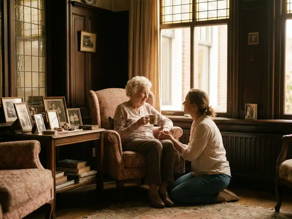 Oudere vrouw in bloemrijke fauteuil met familiefotos, dochter naast haar in gesprek, warm middaglicht door hoge ramen in historisch Nederlands interieur.