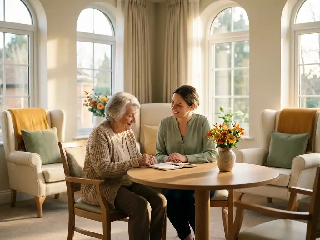 Oudere vrouw in gesprek met zorgmedewerker aan ronde tafel in kleinschalige woonzorglocatie, met notitieboek en bloemen in warm middaglicht.