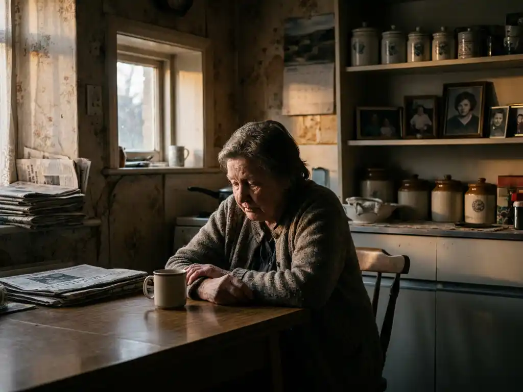 Eenzame oudere vrouw aan keukentafel met onaangeroerde koude thee, vervaagd behang en middaglicht dat lange schaduwen werpt.