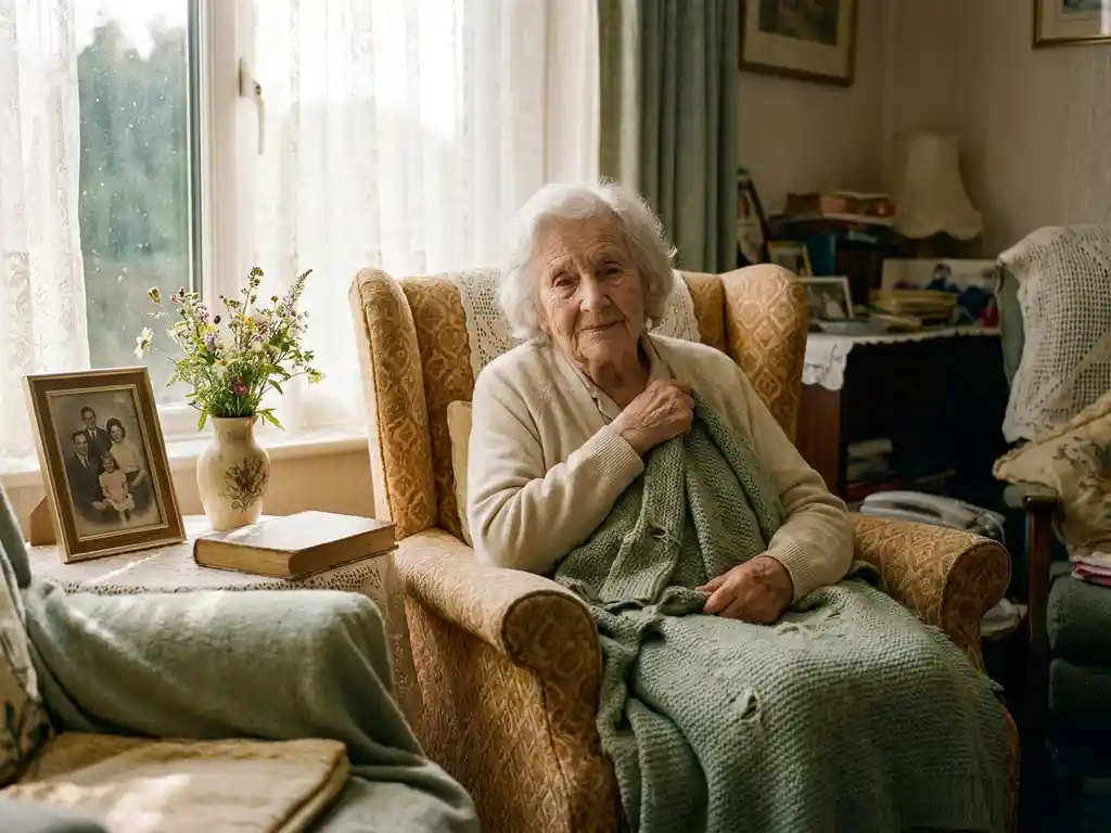 Fragiele oudere vrouw in fauteuil bij zonnig raam, omringd door familiefoto, gebreide deken en bloemenvaas in warme huiskamer.