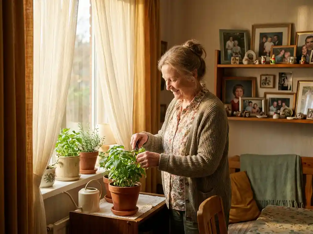 Vrolijke oudere vrouw verzorgt potplanten op een zonnig vensterbank, omringd door familiefoto's en persoonlijke herinneringen.