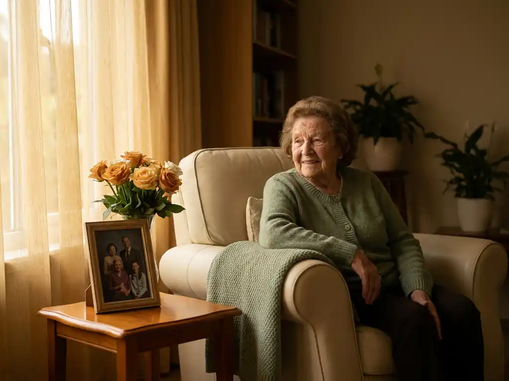 Oudere vrouw in fauteuil bij raam in kleinschalige zorgwoning, met familiefoto en bloemen op bijzettafel in warm middaglicht.