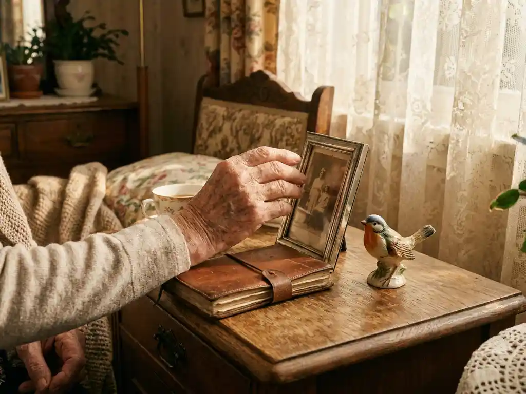 Oudere handen rangschikken persoonlijke herinneringen op nachtkastje: familiefoto, leren dagboek en keramisch beeldje in warm privékamer.