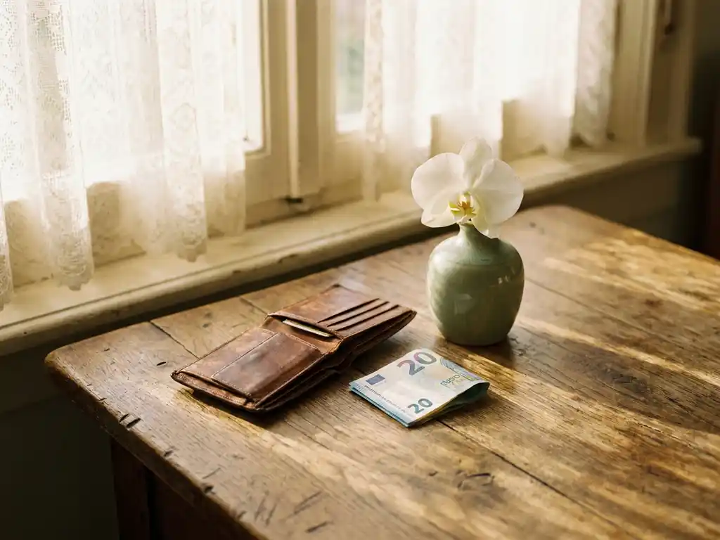 Verouderde houten tafel met open leren portemonnee, gevouwen eurobiljet en witte orchidee in vaasje, warm middaglicht.