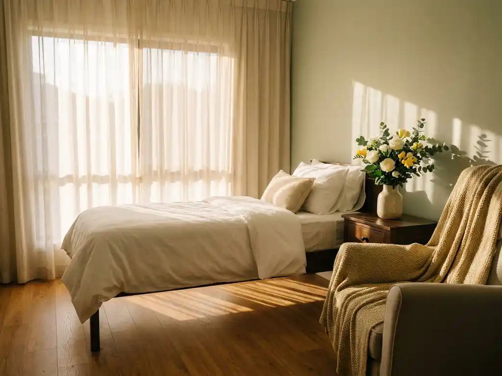Privékamer in een zorginstelling met wit opgemaakt bed, bloemenboeket op houten nachtkastje en zacht middaglicht door transparante gordijnen.