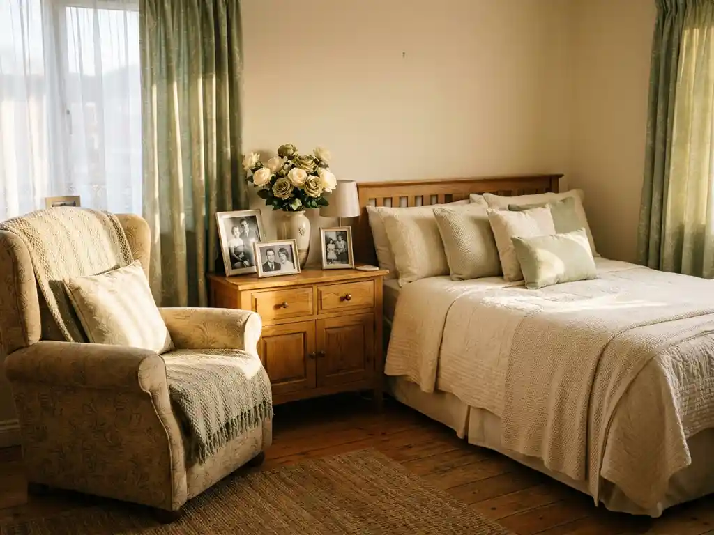 Gezellige slaapkamer in een privézorginstelling met fauteuil, familiefoto's, verse bloemen en zacht middaglicht door lichte gordijnen.