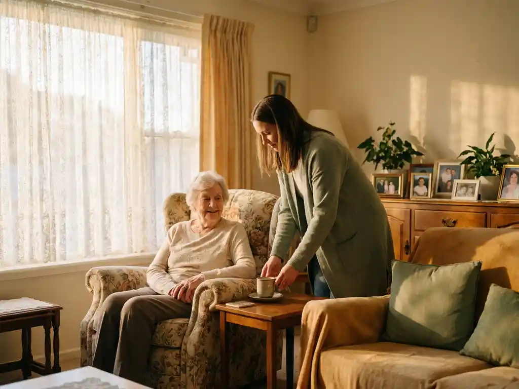Oudere vrouw in zonnige fauteuil ontvangt thee van zorgverlener, gezellige kamer met familiefoto's en gouden middaglicht.
