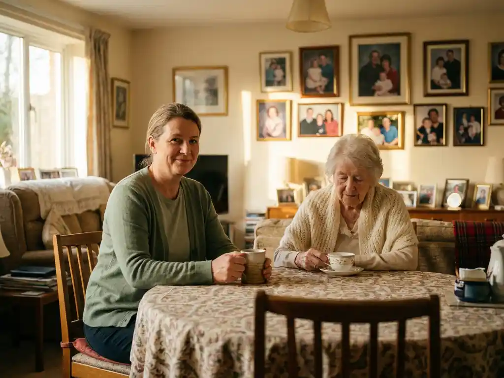 Verzorger en oudere vrouw met dementie delen een rustig moment aan de eettafel met een kop thee, warme huiskamer op de achtergrond.