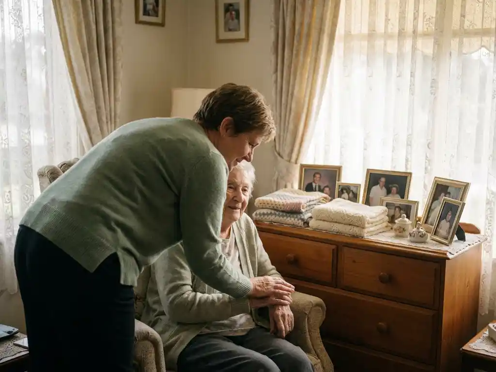 Verzorger naast oudere bewoner in persoonlijke kamer met familiefoto's op houten dressoir, warm middaglicht door kanten gordijnen.