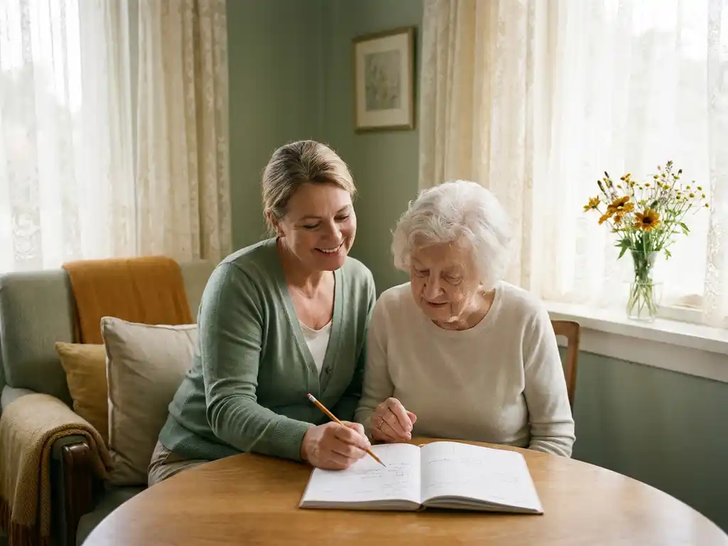 Verzorger en oudere bewoner bekijken samen een weekplanner aan een ronde eettafel in een sfeervolle woonkamer met bloemen op de vensterbank.