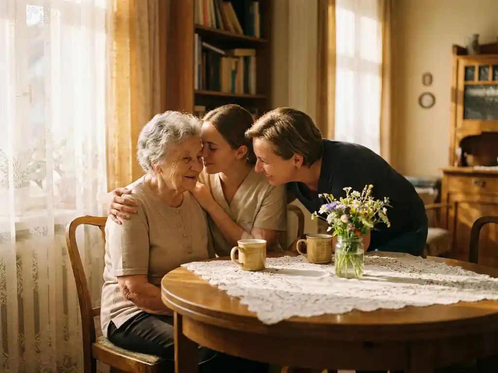 Verzorger en familielid aan tafel bij oudere vrouw, dampende theekopjes en bloemen in warm middaglicht.