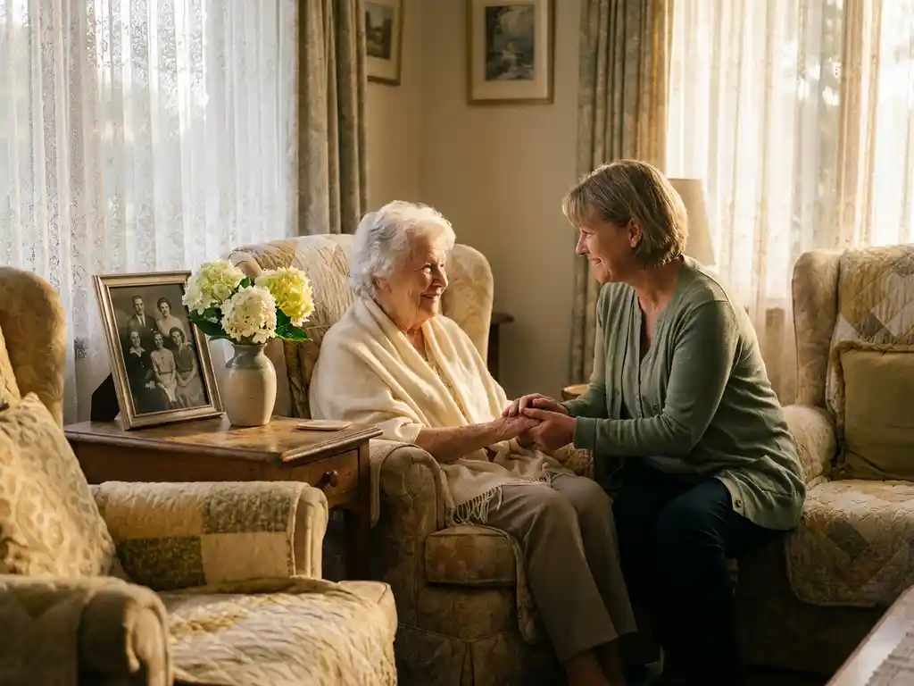 Verzorger houdt zachtjes de handen vast van een oudere vrouw in een gezellige kamer met kanten gordijnen en vers bloemen op een houten bijzettafel.
