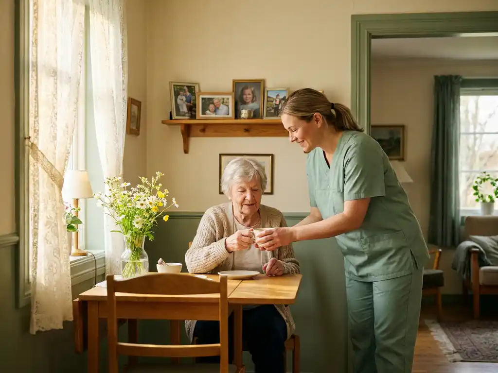 Verzorger in scrubs helpt oudere vrouw aan ontbijttafel in huiselijke kamer met bloemen en familiefoto's in warm ochtendlicht.