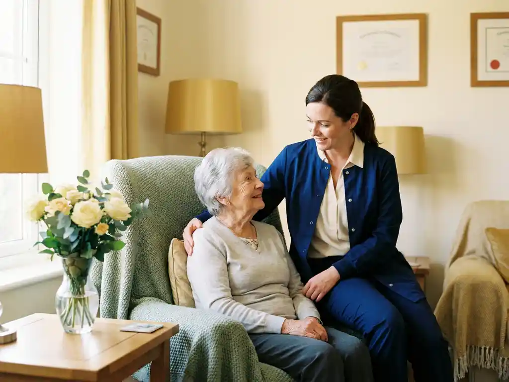 Verzorger in professionele kleding helpt oudere bewoner in warm ingerichte kamer met bloemen en zachte natuurlijke belichting.