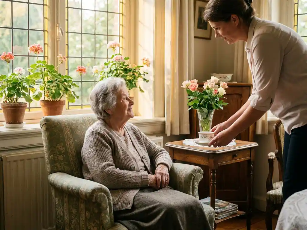 Verzorger zet kopje thee neer naast oudere vrouw in fauteuil, zonnige historische Nederlandse woonkamer met verse bloemen op vensterbank.