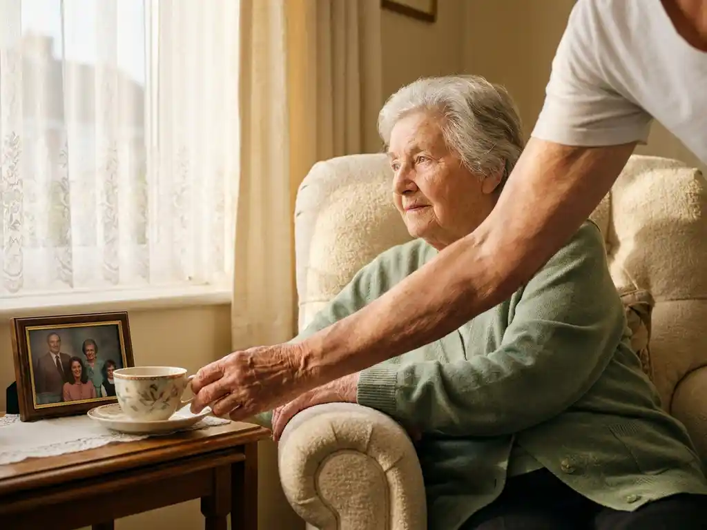 Verzorger plaatst kopje thee naast oudere vrouw in zonnige fauteuil, zachte middaglichtval door kanten gordijnen in huiselijke zorgomgeving.