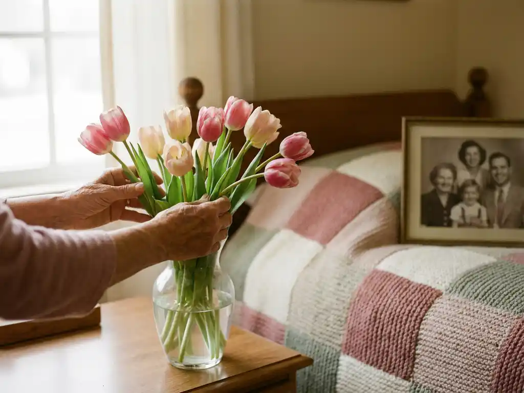 Verzorger schikt verse tulpen in een vaas op een nachtkastje in een warmgezellige kamer, met een handgemaakte quilt en familiefoto op de achtergrond.