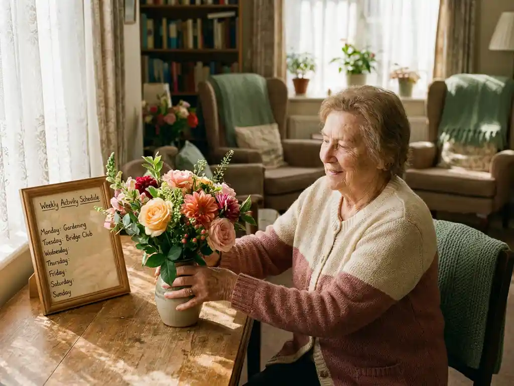 Vrolijke oudere vrouw schikt kleurrijke bloemen aan houten tafel in kleinschalig woonzorgcentrum, wekelijks activiteitenschema zichtbaar op de achtergrond.