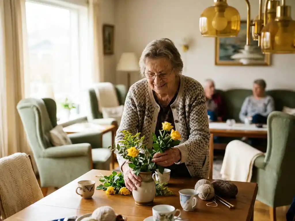 Vrolijke oudere vrouw schikt verse bloemen aan een zonnige houten tafel met theekopjes en handwerkmateriaal in een gezellige woonkamer.