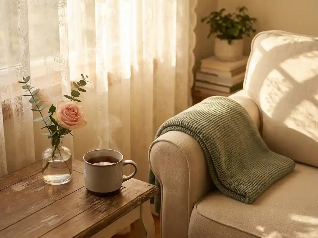 Dampende kop thee en een bloem in vaasje op houten bijzettafel naast een zonnige fauteuil met gevouwen deken, zachte middaglichtsfeer.