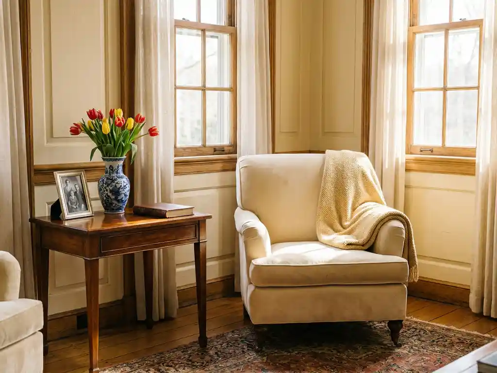 Zonnige zitkamer in een Hollands erfgoedgebouw met pluche fauteuil, tulpen in porseleinen vaas en gouden middaglicht.