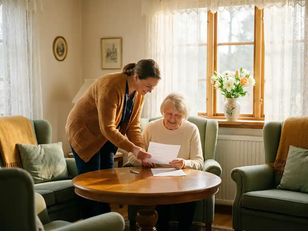 Zorgprofessional en oudere vrouw die samen een document bespreken aan een houten tafel in een lichte, elegant ingerichte woonkamer.