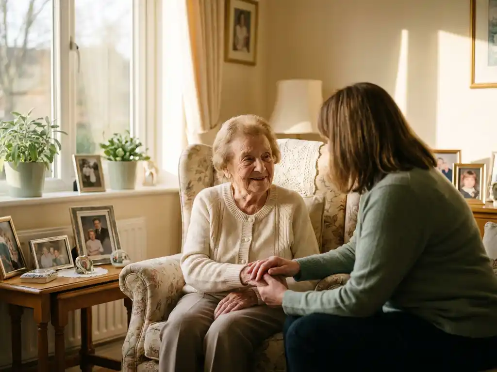 Oudere vrouw in persoonlijke fauteuil houdt hand vast van haar dochter in lichte woonkamer van een privézorgwoning.