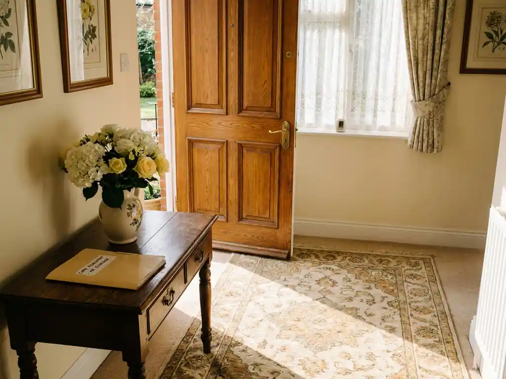 Zonnige entreehal van een privézorginstelling met houten deur, verse bloemen en zorgindicatieformulier op antieke sidetable.