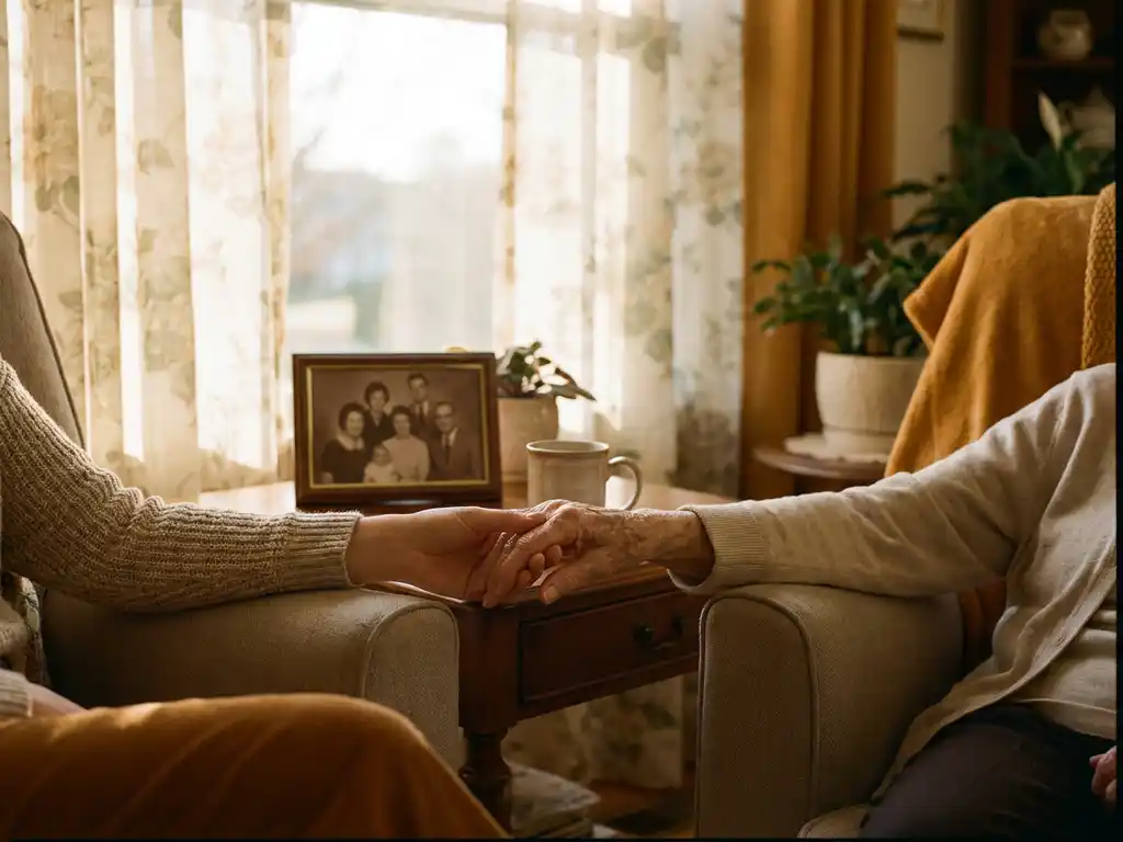 Zorgverlener legt hand op hand van oudere bewoner in zonnige privékamer met bloemen gordijnen en familiefoto.