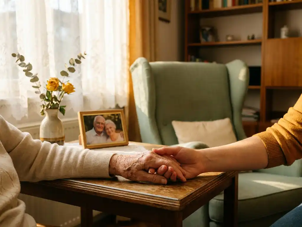 Zorgverlener legt hand op hand van oudere vrouw aan houten tafel, met foto en bloemenvaasje in warm middaglicht.