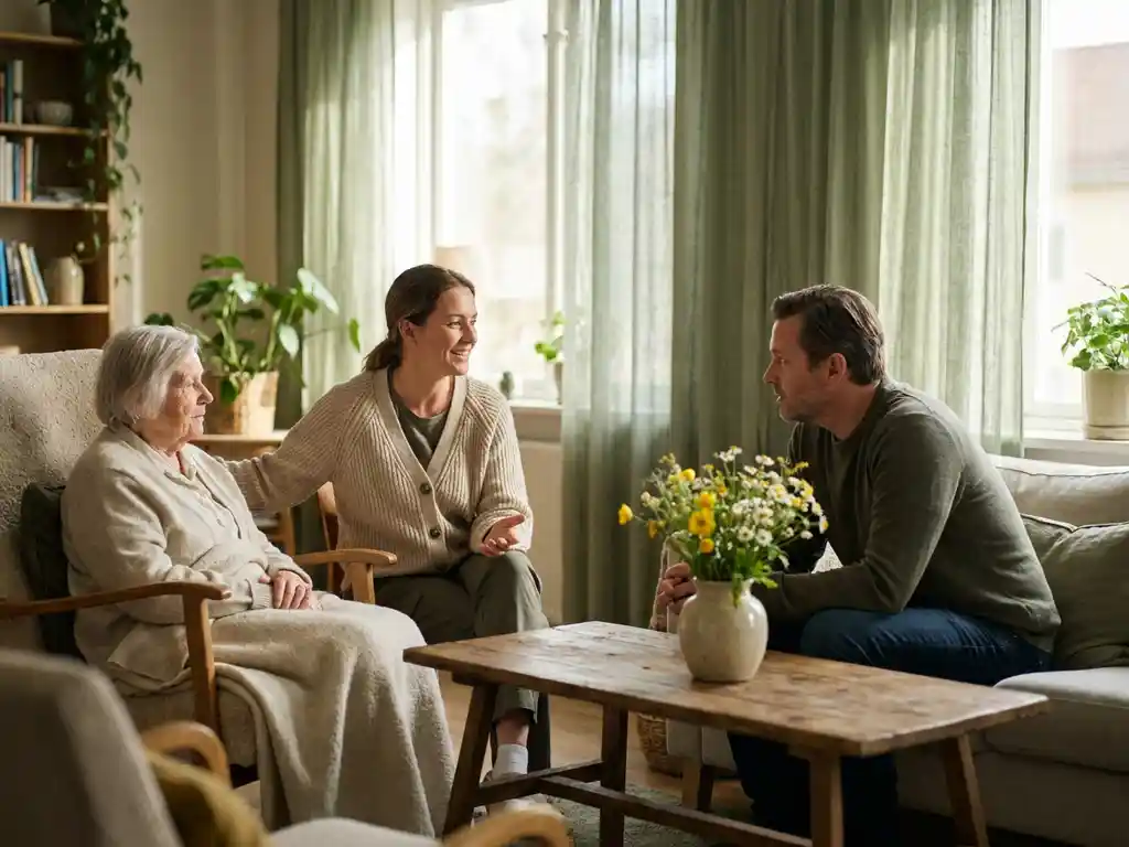 Verzorger in gesprek met oudere bewoner en familielid in zonnige woonkamer van kleinschalige zorgwoning met verse bloemen.