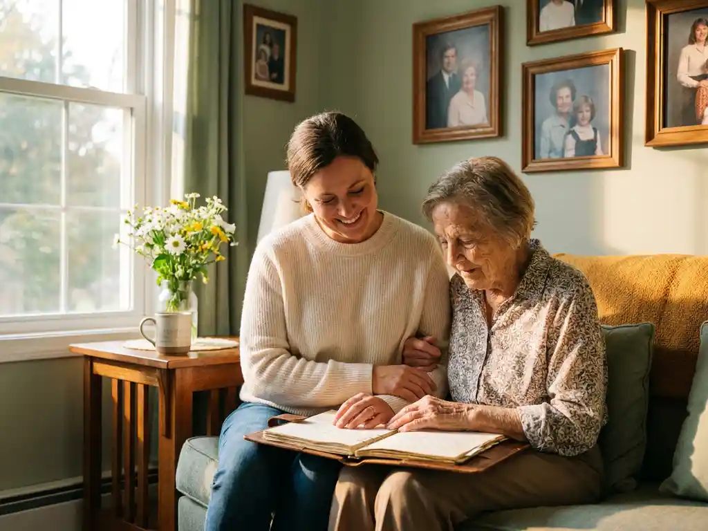 Verzorger en oudere bewoner bekijken samen een persoonlijk notitieboekje in een zonnige, huiselijke kamer met bloemen en familiefoto's.