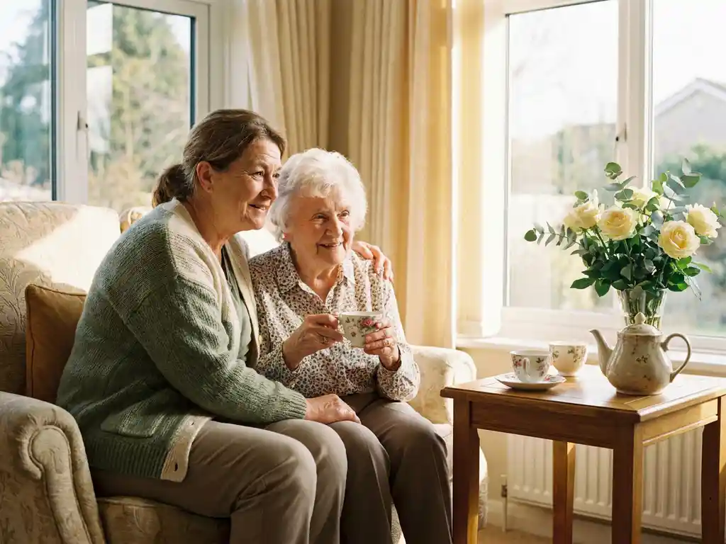 Verzorger en oudere bewoner drinken samen thee in een lichte woonkamer, omgeven door bloemen en warm middaglicht.