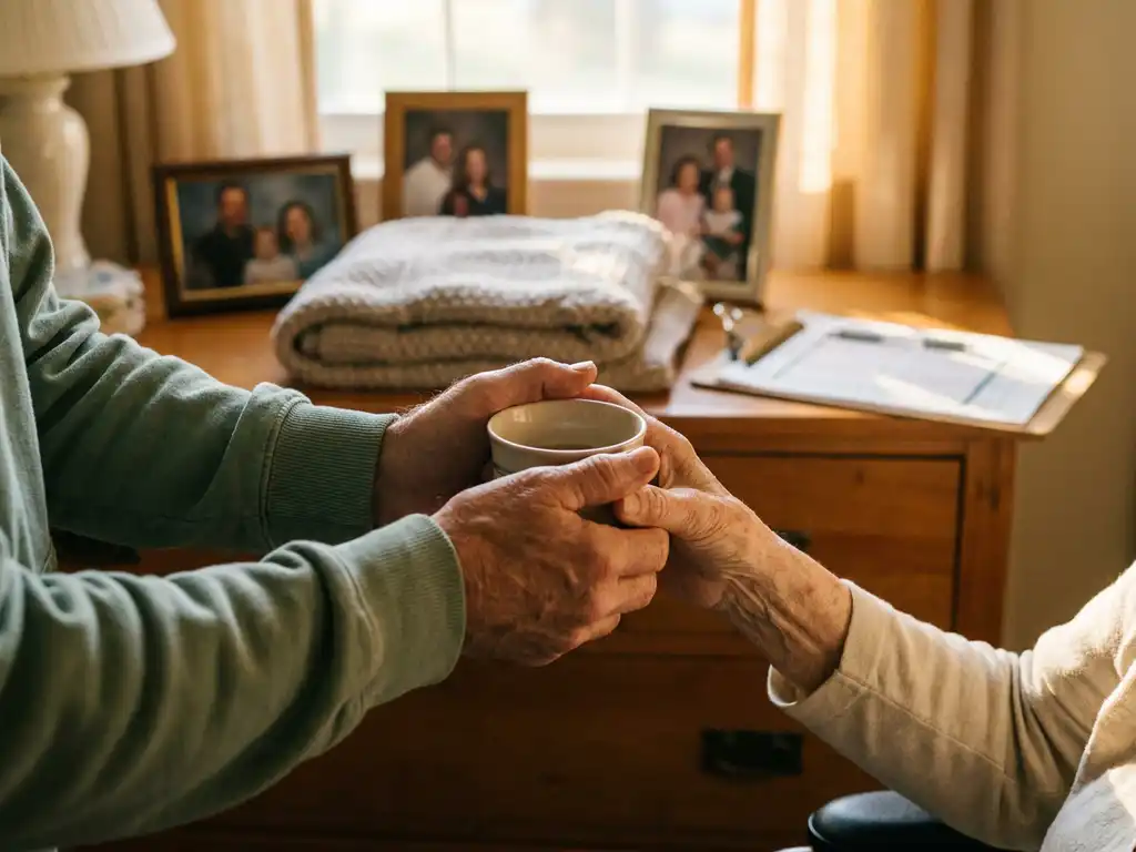 Verzorger helpt oudere bewoner met ochtendroutine in sfeervolle kamer met familiefoto's en persoonlijke spullen op houten dressoir.