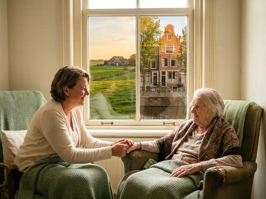 Verzorger helpt oudere vrouw bij zonnig raam met uitzicht op groene weide en Hollandse gracht, warme amber sfeer.