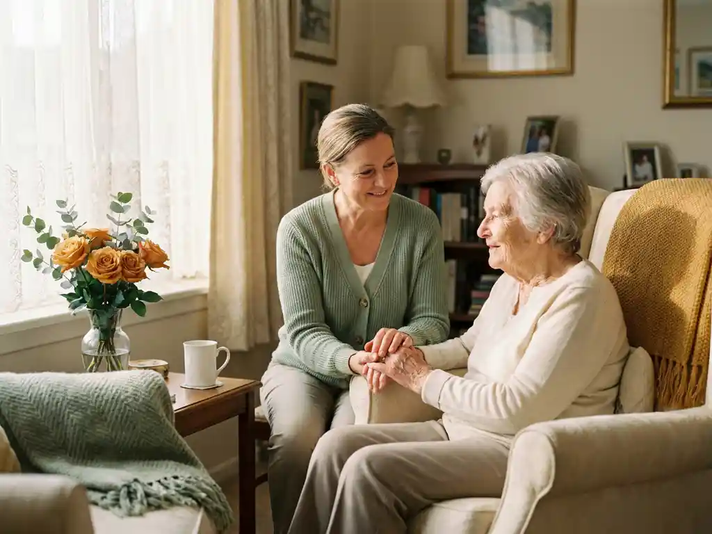 Verzorger houdt zachtjes de handen vast van een oudere vrouw in een warme woonkamer met kanten gordijnen en verse bloemen.