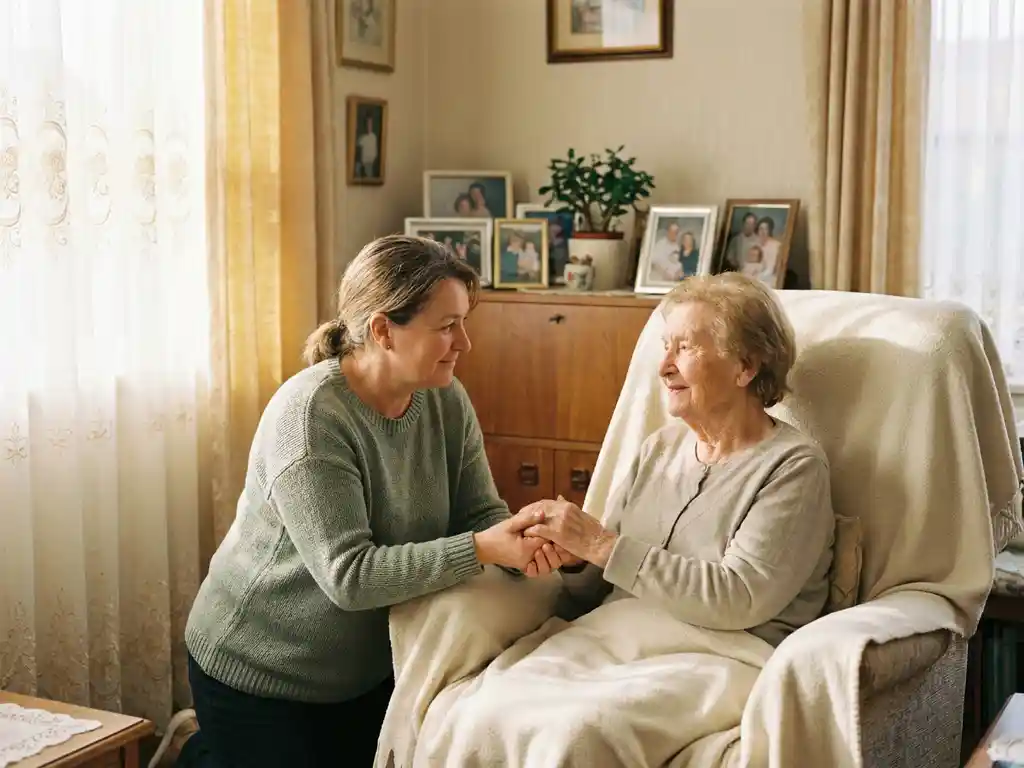 Verzorger houdt zachtjes de handen van een oudere vrouw in een zonnige fauteuil, met familiefotos op een houten dressoir op de achtergrond.