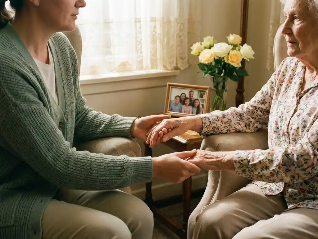 Verzorger houdt zachtjes de handen vast van een oudere vrouw in een warme privékamer met kantkant gordijnen en verse bloemen.