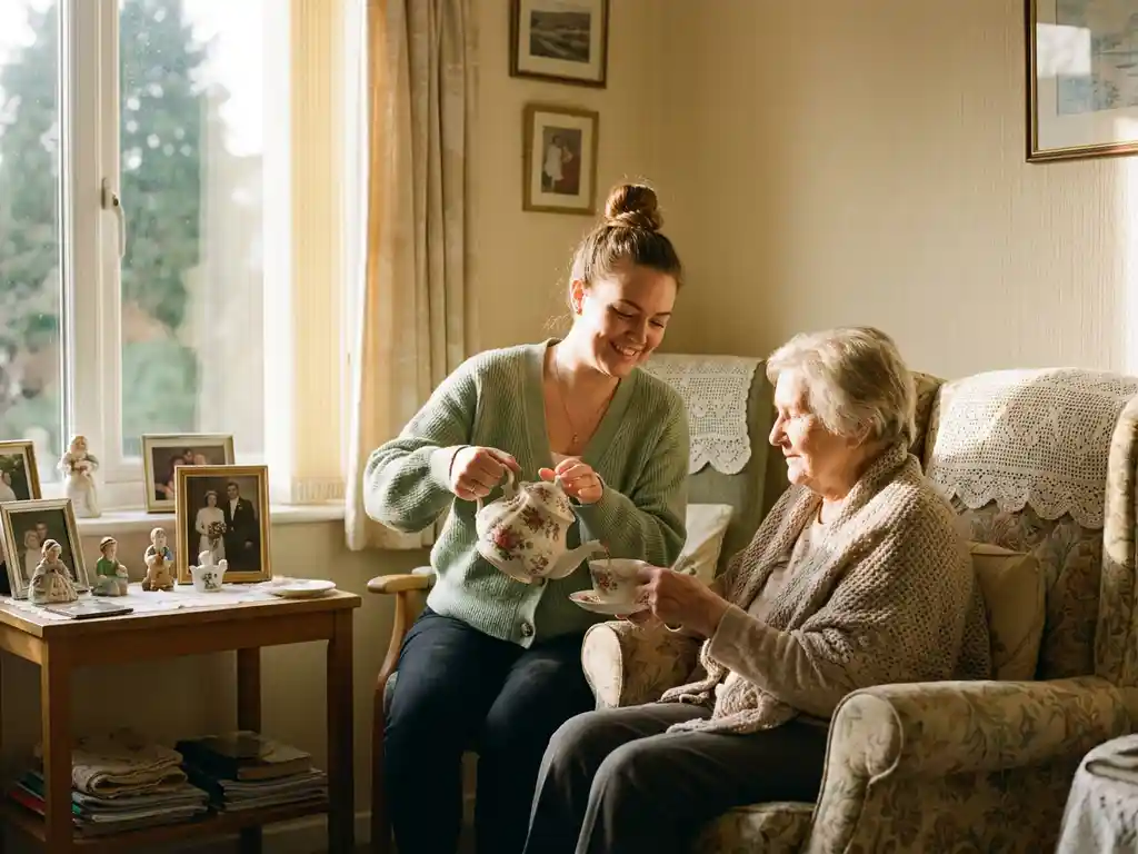 Verzorger schenkt thee in voor oudere vrouw in fauteuil bij raam, familiefotos op houten bijzettafel, kleinschalige zorgwoning.